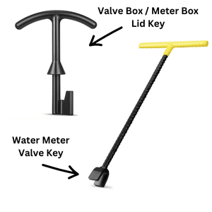 A standalone water meter box lid key beside a standalone water meter shutoff valve key