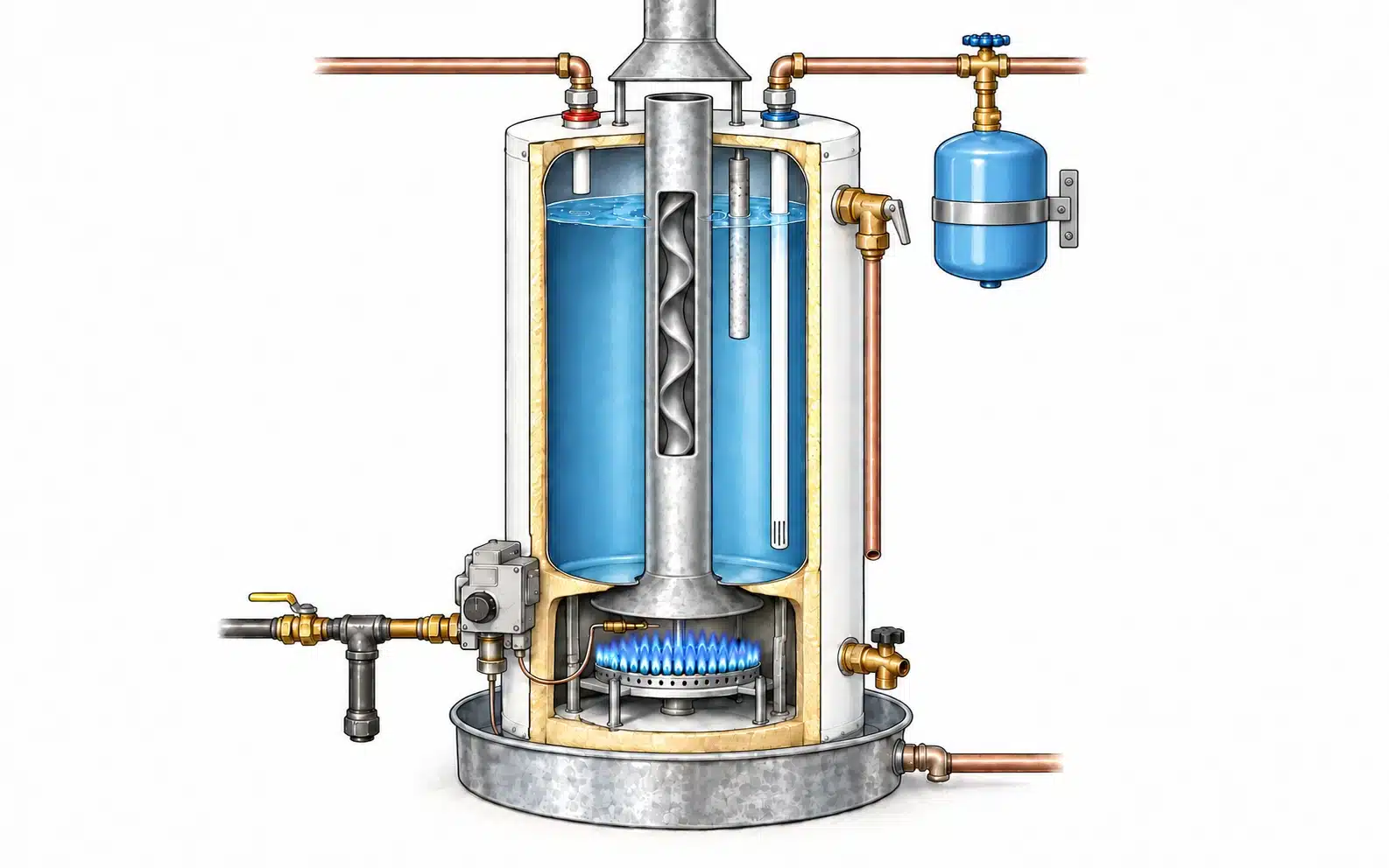 Conventional atmospheric-vent gas tank: original component cutaway; cold inlet on the right, hot outlet on the left; gas line on the left