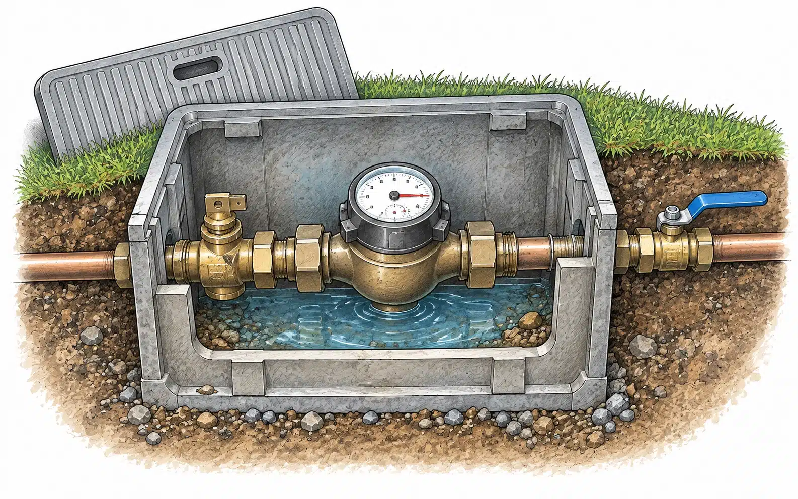 Water meter box cutaway showing a lid, meter assembly and a separate lever-handled valve.